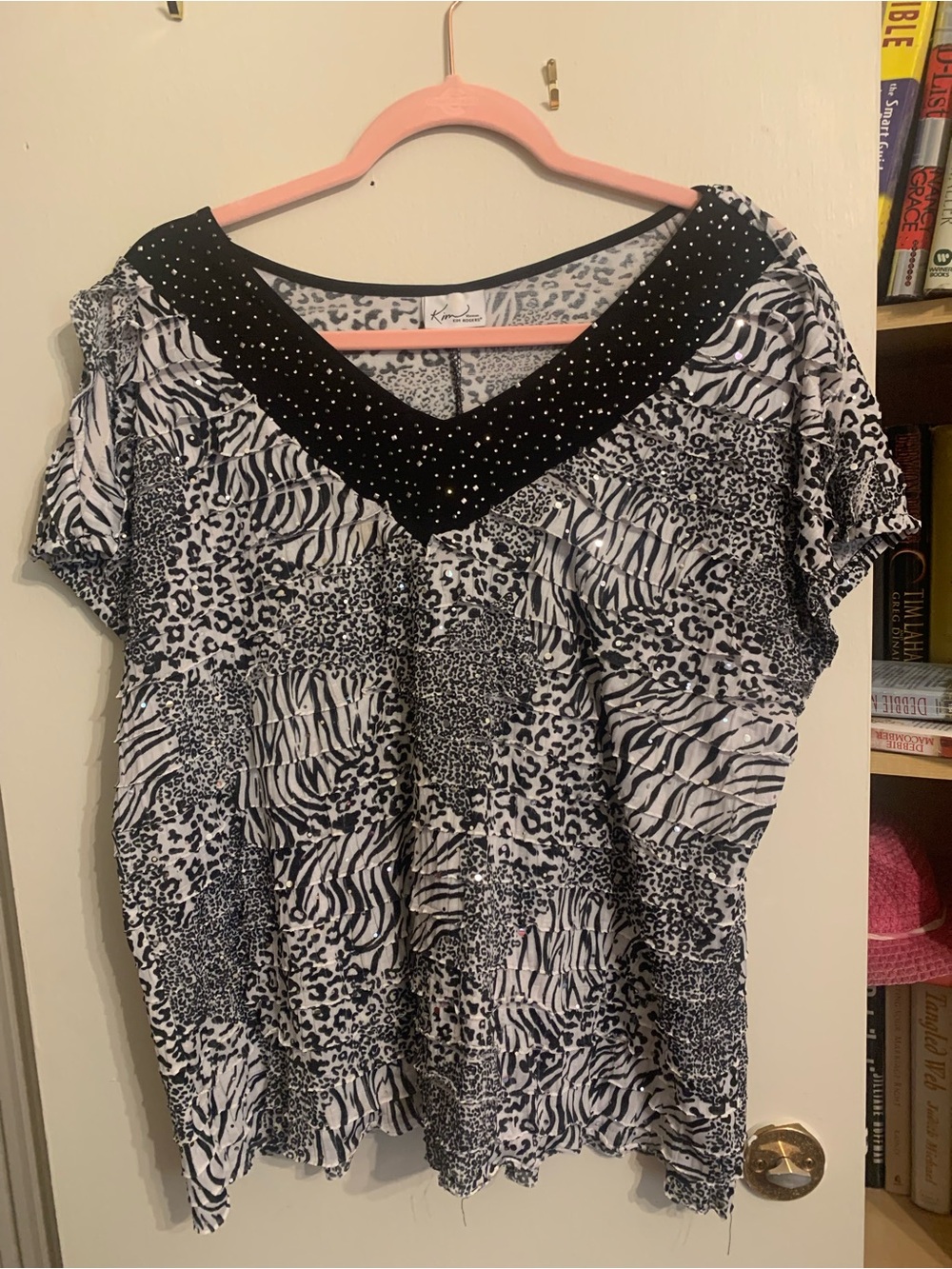 Kim Rogers Black & White Animal Print V-Neck Top with Studded Trim
